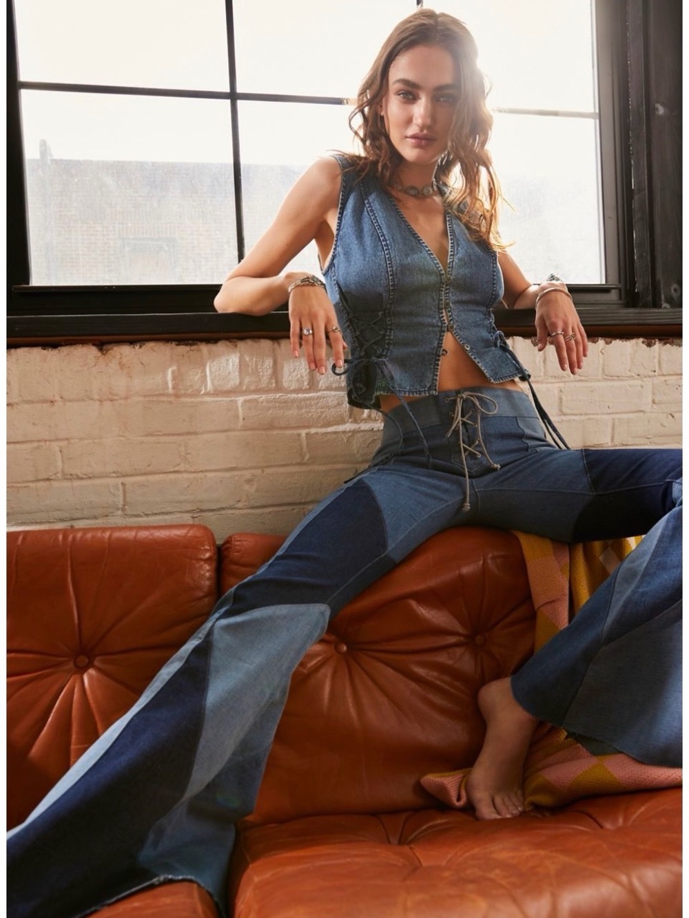 Free People Two-Tone Patchwork Flare Jeans in Blue Denim - Picture 1 of 7